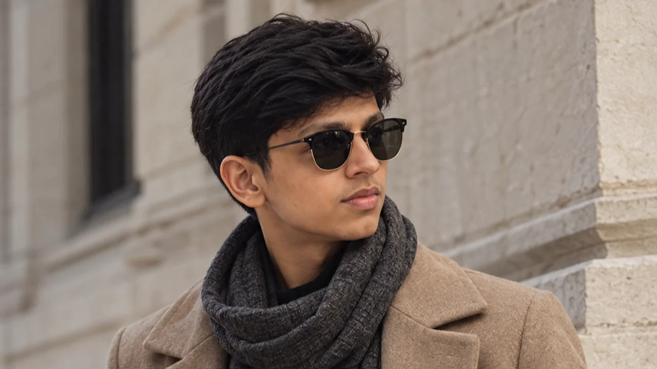 Prathith Shetty in a coat and sunglasses, turning to face the camera
